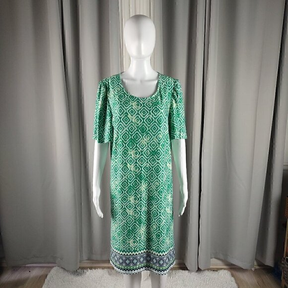 Kim Rogers Dresses & Skirts - Kim Rogers Green White Geometric Sheath Midi Dress Stretch Elbow Sleeve L